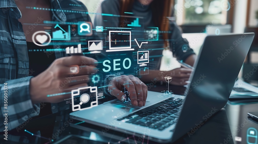 Aufkleber using seo tools for brand promotion and popularity in internet young people working on laptop contem