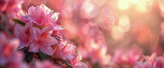 Closeup of Pink Azalea Flowers Blooming in Sunny Springtime