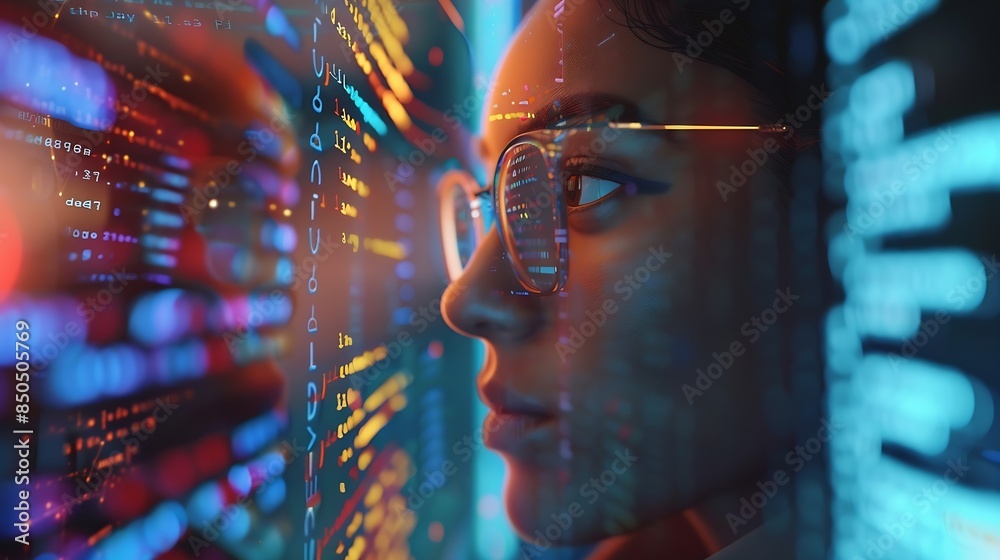 Poster Software data hologram and woman with code analytics information technology and gdpr overlay Programmer coding or IT person in glasses reading html script programming and cyber securit : Generative AI