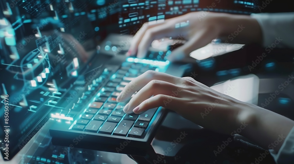 Aufkleber Hands person and typing on keyboard for research information and data with system technology Woman screen and overlay with coding or software update and programming or upgrade on cyber : Generative AI