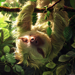 Fototapeta premium A sloth hangs upside down from a branch In the forest. Wildlife Animals.