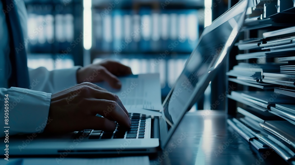 Aufkleber Enterprise Resource Planning Document management and businessgrown data report concept Businessman use laptops and select business data folders financial information businessgrown grap : Generative AI