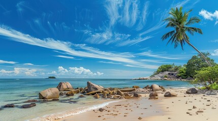 Naklejka premium Tropical Beach Paradise with Palm Tree and Rocky Shore