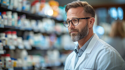 Fototapeta premium Pharmacist reviewing over-the-counter product placement.