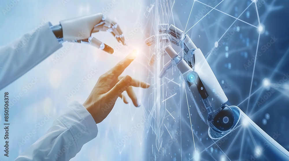 Fototapete AI Machine learning Hands of robot and human touching on big data network connection background Science and artificial intelligence technology innovation and futuristic : Generative AI