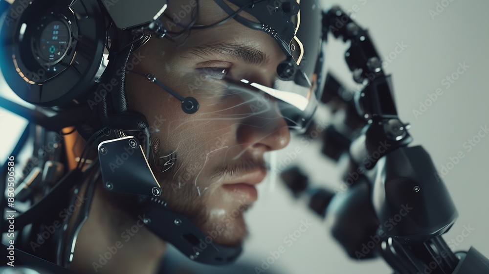 Fototapete Man using tools AI technology smart robot science and artificial intelligence technology and innovation futuristic and global connection for providing access to information and data on : Generative AI