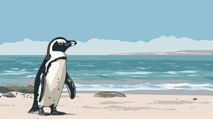 A cartoon illustration of a penguin at the seashore with waves and a clear sky in the background
