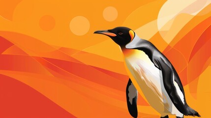 Fototapeta premium A vibrant graphic of a penguin with a striking abstract orange backdrop, representing energy and warmth