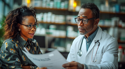 Pharmacist reviewing a medication list with a patient. - Powered by Adobe