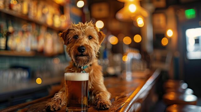 A photogenic dog enjoys a pint of beer at a bar, evoking a sense of fun and social life