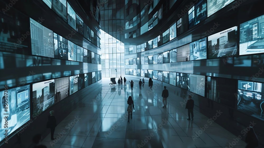 Poster Surveillance Camera CCTV Footage Multiple Screens Show Inside Building Unrecignizible People Walk HighTech Security Data Protection Mockup Screen Replacement Template for Computer Disp : Generative AI