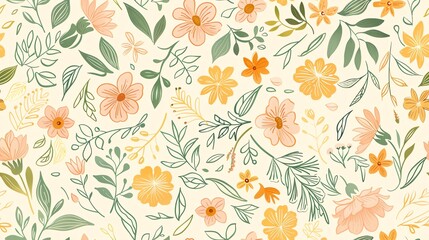 Whimsical pastel-colored floral and leaf pattern, hand-drawn seamless design
