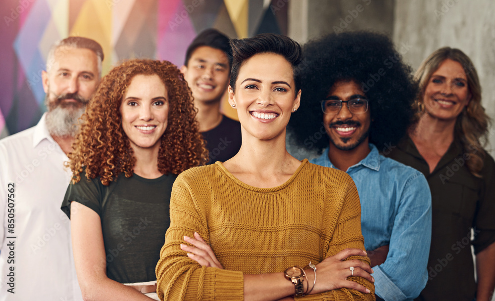 Sticker Designer people, happy and confident portrait in office of creative agency, partnership and teamwork for startup group. Arms crossed, diversity and together for mission, dedication and company