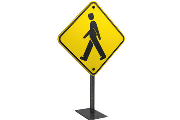 Yellow pedestrian crossing sign on metal post, isolated on transparent background. Perfect for traffic and road safety illustrations or signage themes.