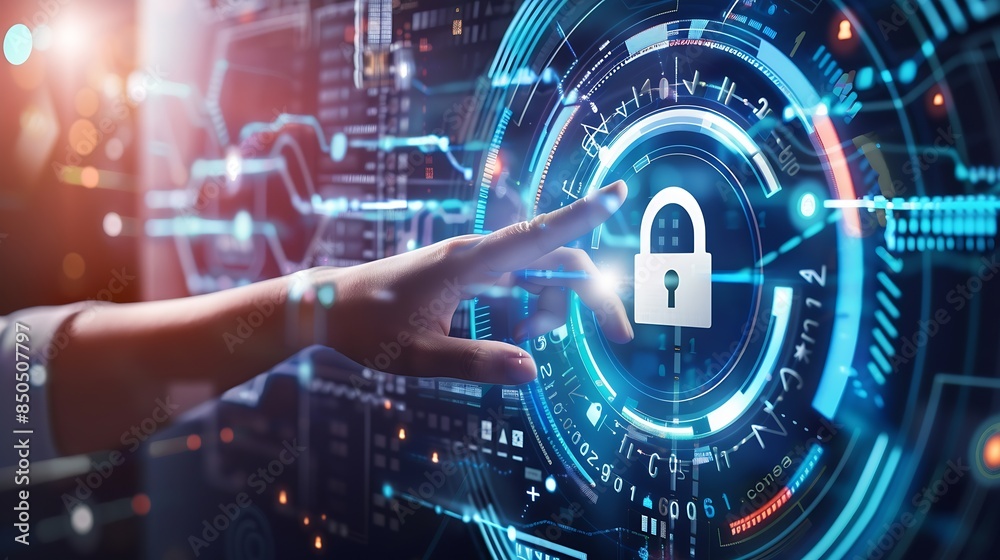 Poster technology login information security privacy business protection protect padlock password touching padlock hud to view cloud technology system that tech is protect your data and secur : Generative AI
