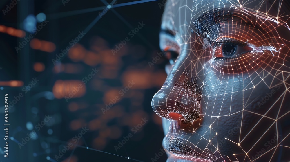 Aufkleber Deepfake  concept Facial tracking detection and recognition technology cyber security system concept : Generative AI