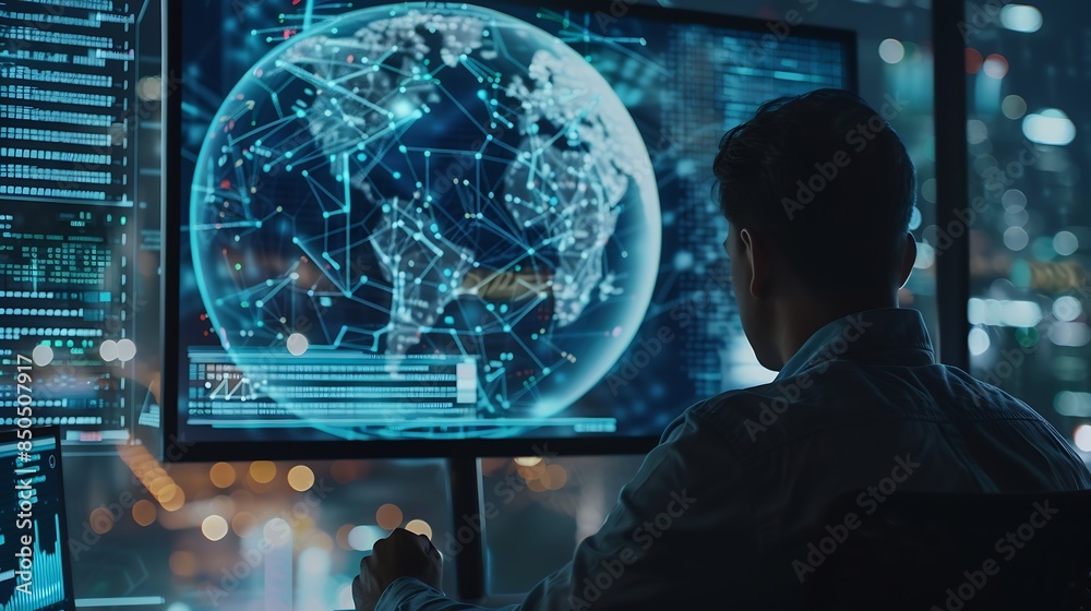 Poster Data science business intelligence Business man using computer devices with internet global network technology and big data cloud computing AI software development digital technology : Generative AI