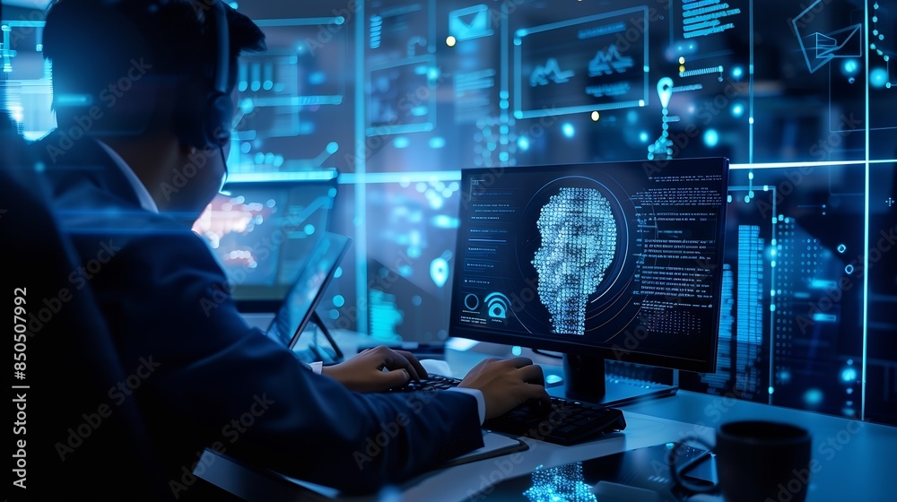 Poster Business person explore the core of cyber security Delve into protection methods cyber threats and bolster cyber security stance Essential for navigating the cyber security age FaaS : Generative AI