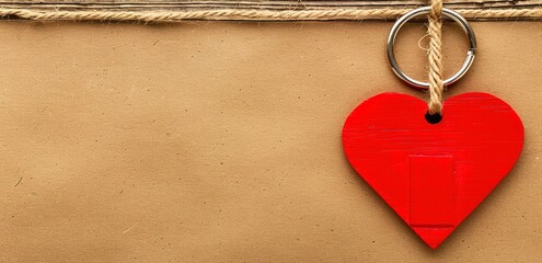 A red heart garland hangs on a string on a brown background