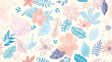 Obraz premium Whimsical seamless floral and leaf design in pastel colors, hand-drawn