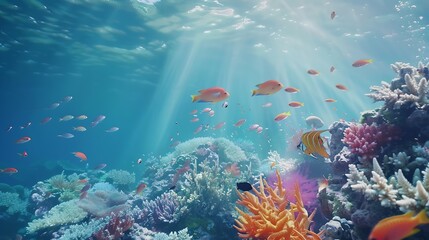 Fototapeta premium Diving shot picturesque seascape of an underwater fantastic coral reef with colorful tropical fish Beautiful living coral gardens and lots of fish swim and feed in the clear transparen : Generative AI