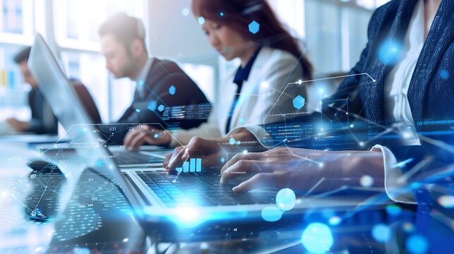 Image of data processing over diverse business people using laptop global business and digital interface concept digitally generated image : Generative AI