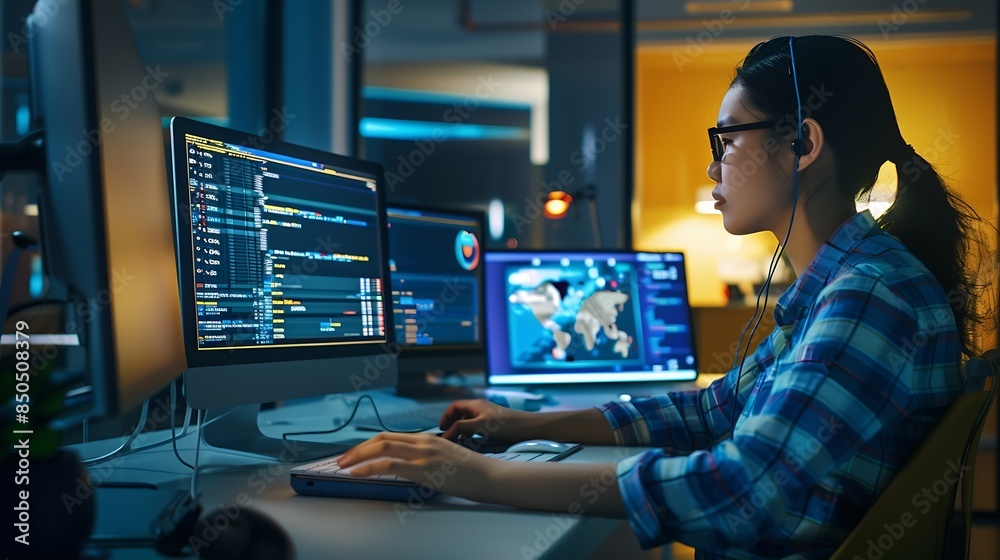 Poster Female Asian Game Programmer Coding On Desktop Computer In Game Development Studio Diverse Office Focused Woman Writes Lines Of Code Does AI Engineering For New Immersive 3D Survival V : Generative AI