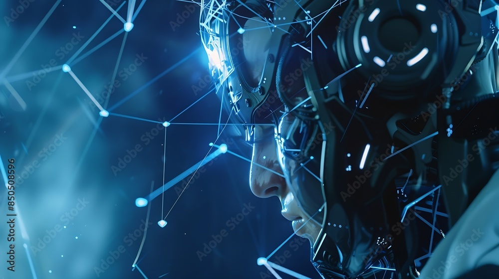 Fototapete Man using tools AI technology smart robot science and artificial intelligence technology and innovation futuristic and global connection for providing access to information and data on : Generative AI
