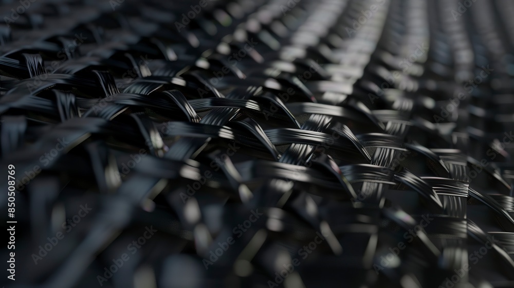 Sticker Close-up of carbon fiber weave, tight interlaced pattern, glossy black finish, studio lighting.