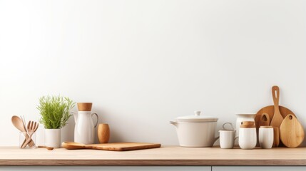 A neat kitchen countertop arrangement with modern kitchenware, including jars, utensils, and plants against a white wall