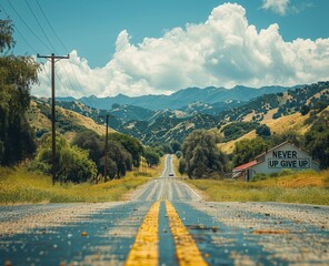 Rural road with inspiring message 'Never Give Up' on a sunny day