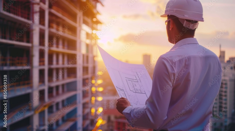 Poster a man wearing a hard hat is looking at a blueprint of a building