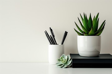 Front view white desk with black stationery, succulent plant, notebook, eyeglasses. Morning background banner, space for text. Minimalistic concept, workspace, time to work. Blank workplace. Mock-up.