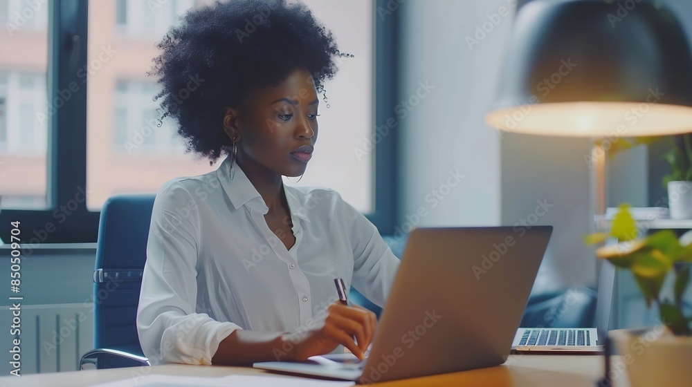 Aufkleber Young African American business woman sitting at working desk in office using laptop computer browsing online banking website updating personal details and taking notes in notebook : Generative AI