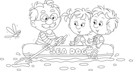 Funny grandpa with his happy little grandson and granddaughter traveling in their inflatable boat through a small lake on a beautiful day of a summer vacation, black and white vector cartoon