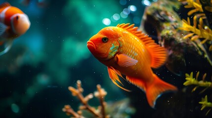 Fototapeta premium Orange parrot fish in the aquarium Red Parrot Cichlid Aquarium fish : Generative AI