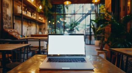 A laptop with a blank screen is showcased on a shiny table, with a cafe interior in the background