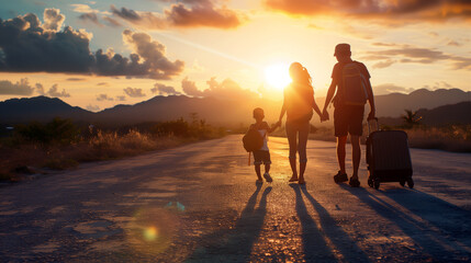 Fototapeta premium happy family with suitcase walking on country road at beautiful sunset in summer