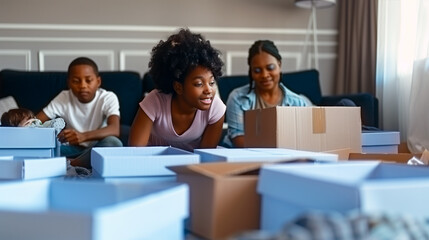 Fototapeta premium Young african american family packing boxes for moving into new home.