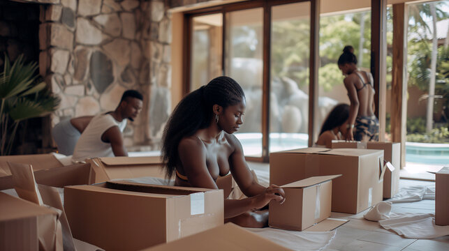 Young african american woman unpacking cardboard boxes at new home.