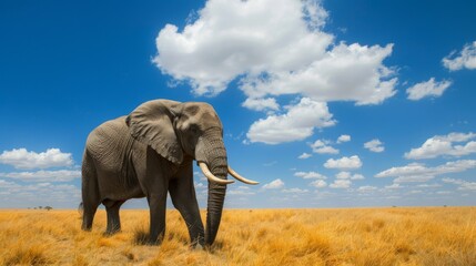 Fototapeta premium An African elephant stands majestic on a grassy savanna under a wide blue sky with clouds