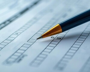 Close-up of a pen on a multiple-choice answer sheet. Ideal for depicting exams, assessments, surveys, or academic testing scenarios.