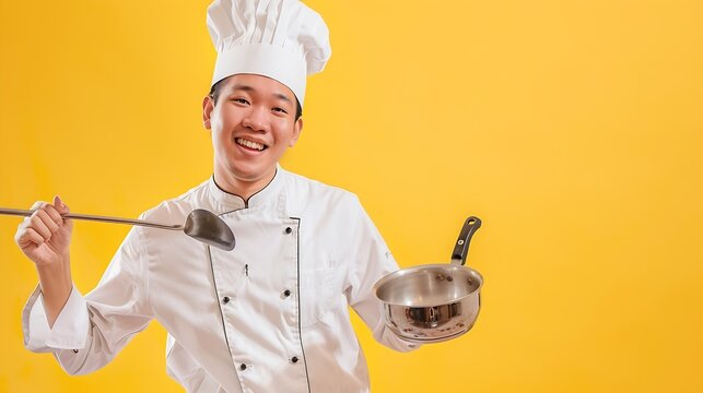 Young handsome asian man chef in uniform with hat holding ladle utensils cooking in the kitchen various gesture action on isolated yellow background Indian man Occupation chef restaura : Generative AI