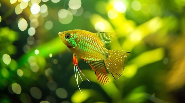 A green beautiful planted tropical freshwater aquarium with fishes Dwarf gourami Colisa lalia fish in a home aquarium lalius closeup : Generative AI