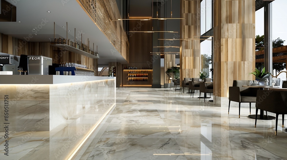 Aufkleber light wooden and marble tile floor interior of modern cafe with double ceiling height lobby bar in l
