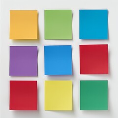 A grid of nine square sticky notes in assorted colors (red, blue, green, yellow, purple) on a white background.