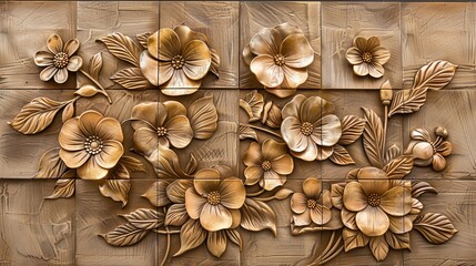Golden 3D floral wooden wall tiles for a stylish traditional touch. Available in a set from Ceramic Industries.