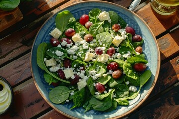 Fresh spinach salad with feta cheese and grapes on a blue plate