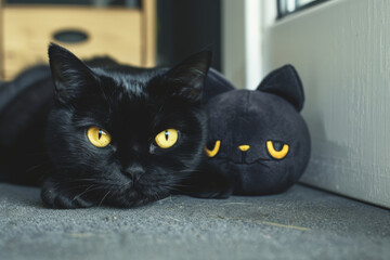 Black cat with yellow eyes rests next to plush toy in indoor setting