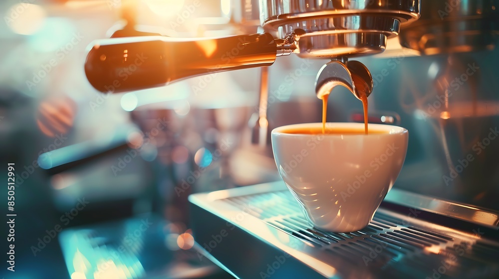 Poster Coffee machine filling a cup with Making coffee by coffee machine into cup espresso coffee coming out from an automated coffemaker machine Beverage drink for breakfast : Generative AI